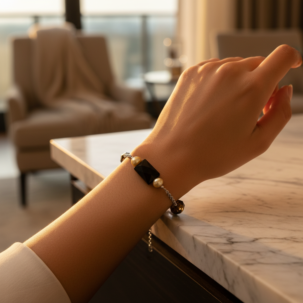 Silver chain bracelet with smoky quartz and gold plating accents, perfect for daily wear