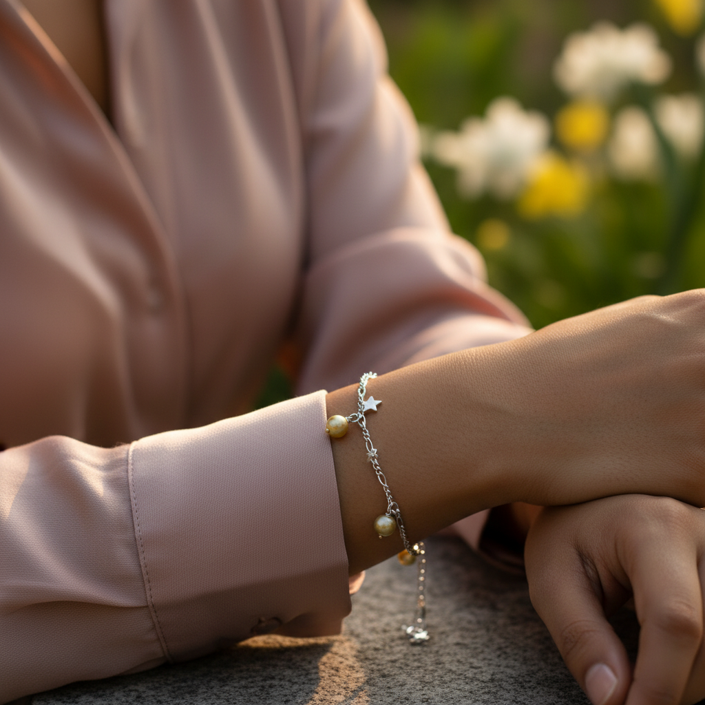 Silver pearl charm bracelet for women | silver jewelry gift