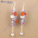 Load image into Gallery viewer, Silver gemstone drop earrings featuring amethyst, carnelian, and moonstone in a cluster design.