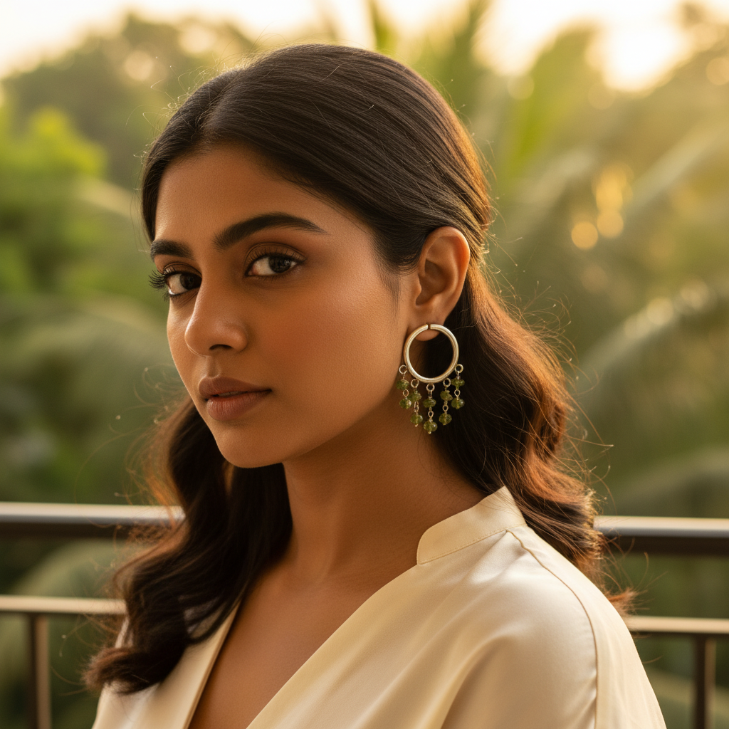 Sterling silver hoop earrings with dangling peridot gemstones in a vibrant green color