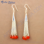 Load image into Gallery viewer, 925 sterling silver dangle earrings featuring chain tassels and orange gemstones.