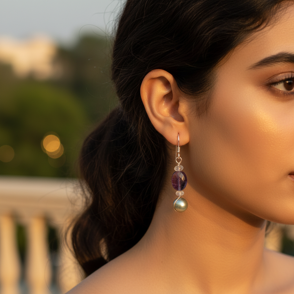 Silver amethyst & pearl drop earrings for women | gemstone jewelry