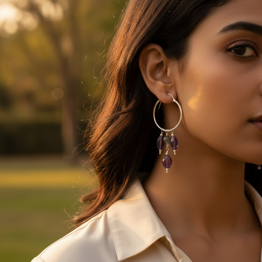 925 silver amethyst hoop earrings | dangle drop earrings