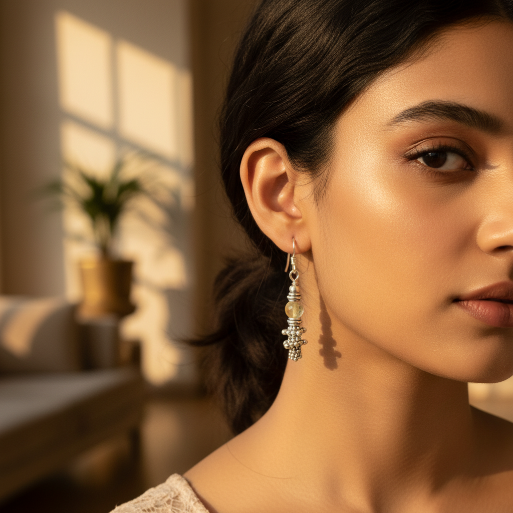 925 silver citrine beaded earrings for women | daily wear