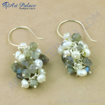 Load image into Gallery viewer, Sterling silver dangle earrings with white freshwater pearls and gray labradorite gemstones.