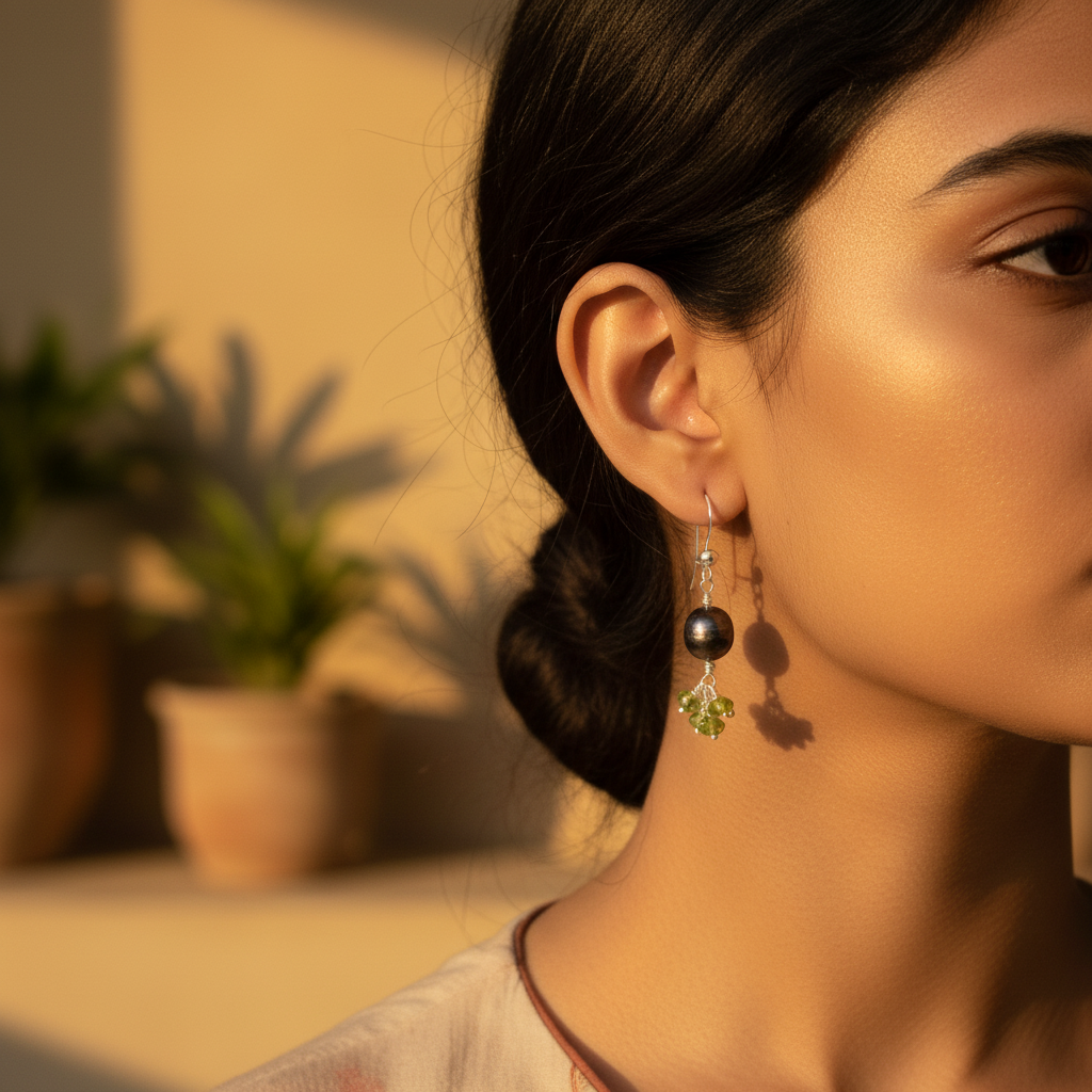 Silver pearl & peridot drop earrings for women | dangle earrings