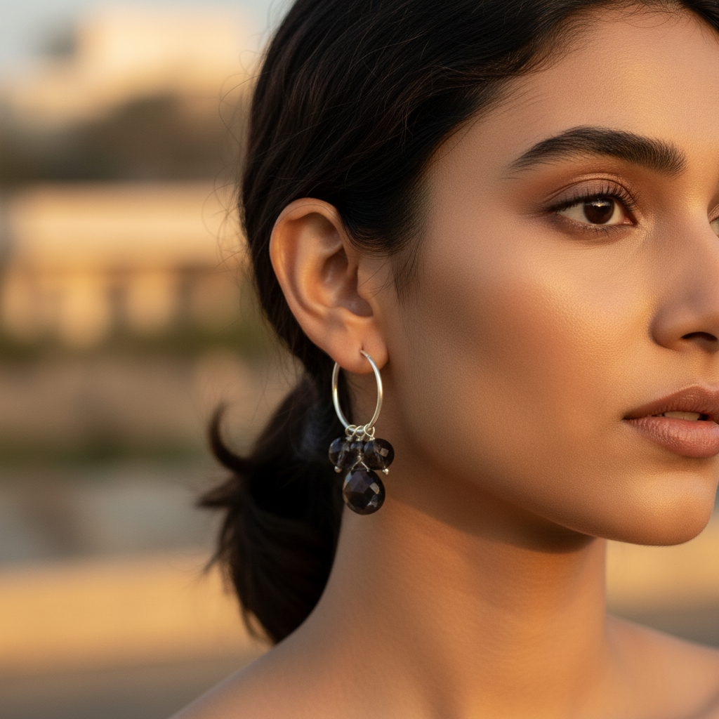 925 silver hoop earrings with black gemstone dangles for women