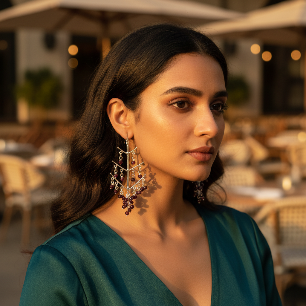 Sterling silver dangle earrings with garnet gemstones