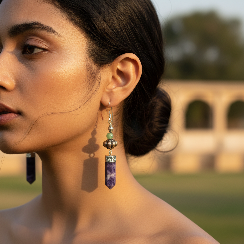 Sterling silver dangle earrings with vibrant purple sodalite gemstones and silver accents