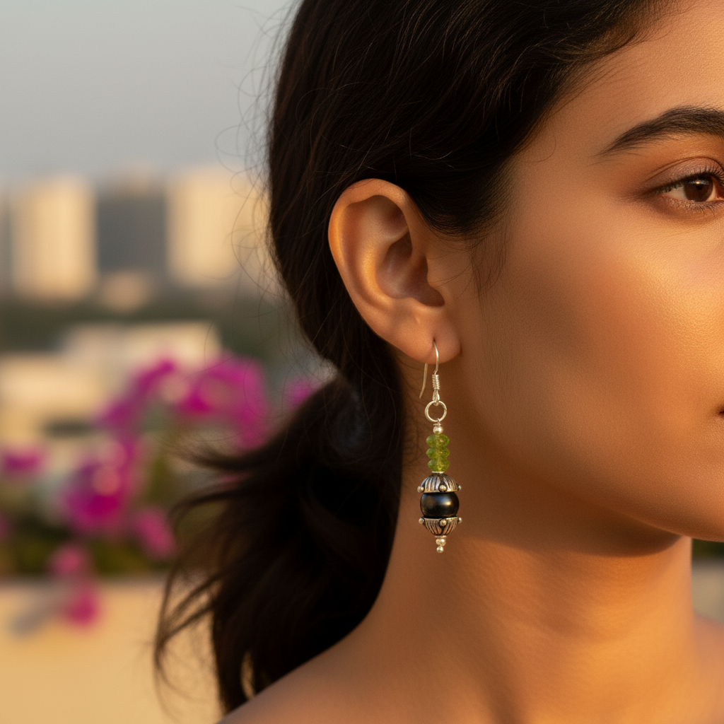 925 silver peridot & black pearl drop earrings for women