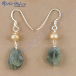 Load image into Gallery viewer, Sterling silver drop earrings featuring labradorite gemstones and peach-toned freshwater pearls, perfect for women.