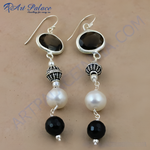 Load image into Gallery viewer, 925 sterling silver drop earrings featuring smoky quartz, pearls, and onyx beads.