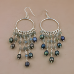 Load image into Gallery viewer, Sterling silver chandelier earrings with peacock pearls and labradorite gemstone beads, women's fashion jewelry.