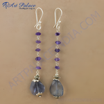 Load image into Gallery viewer, 925 silver drop earrings with amethyst gemstones, purple and silver