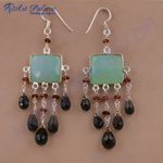 Load image into Gallery viewer, 925 sterling silver dangle earrings with square chalcedony and garnet gemstones, for women