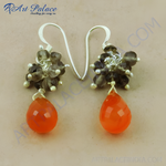 Load image into Gallery viewer, 925 sterling silver dangle earrings with vibrant orange carnelian drops and smoky quartz accents
