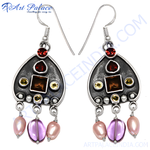 Load image into Gallery viewer, 925 silver dangle earrings with garnet, yellow stones, and pink and purple pearl dangles.