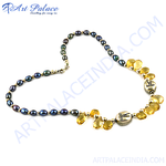 Load image into Gallery viewer, Gold necklace with citrine stones and dark pearls, elegant women's jewelry.