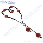 Load image into Gallery viewer, Red stone beaded necklace with black cord and silver accents, women's fashion jewelry.