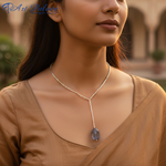 Load image into Gallery viewer, Silver Beaded Y-Necklace with Gemstone Pendant for Women