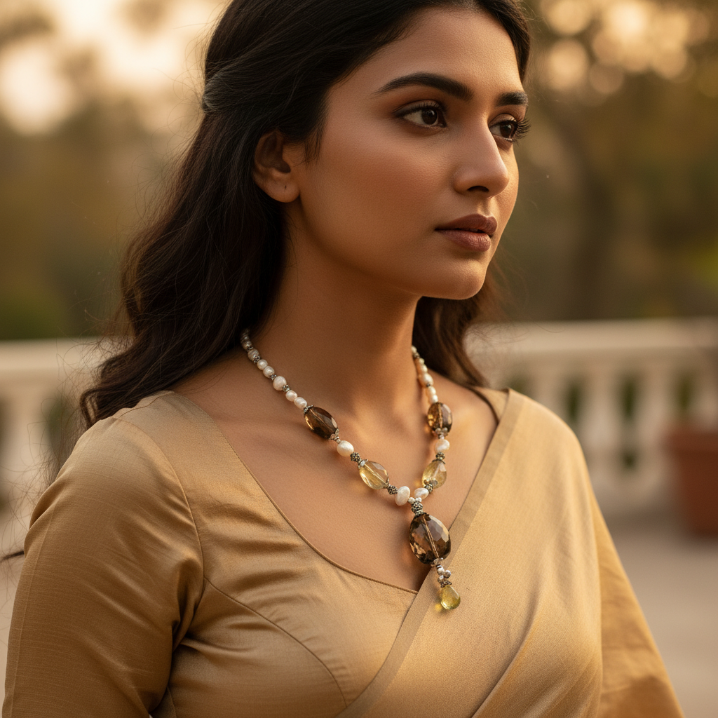 Smoky quartz and pearl necklace, featuring brown and white gemstones on a black background