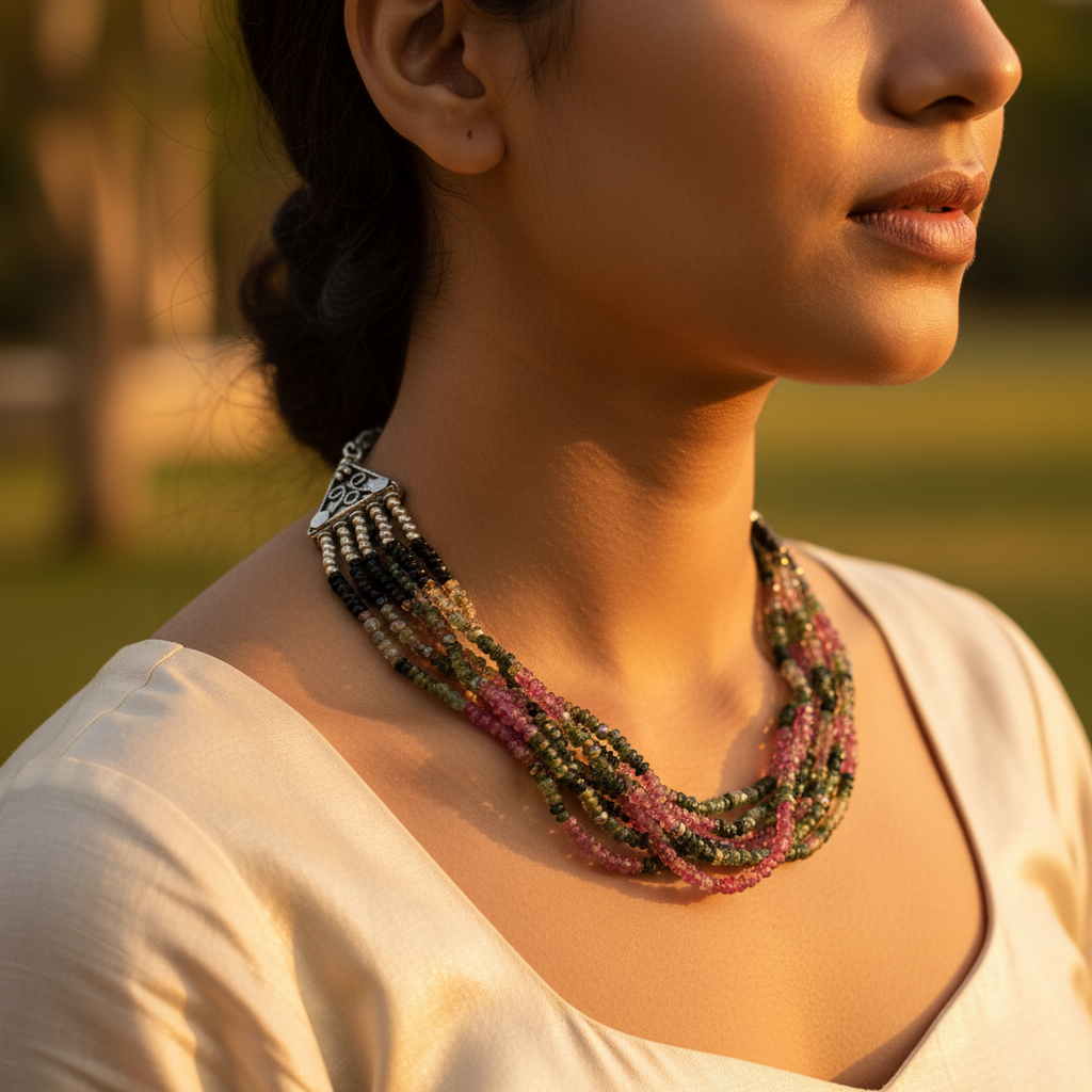 Multi strand tourmaline bead necklace in various colors with a gold plating clasp, gemstone jewelry