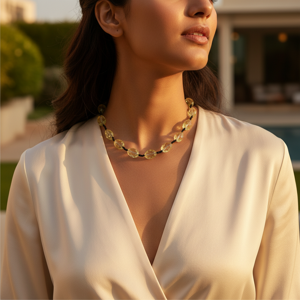 Yellow citrine beaded necklace with a black cord, showcasing the light yellow gemstones