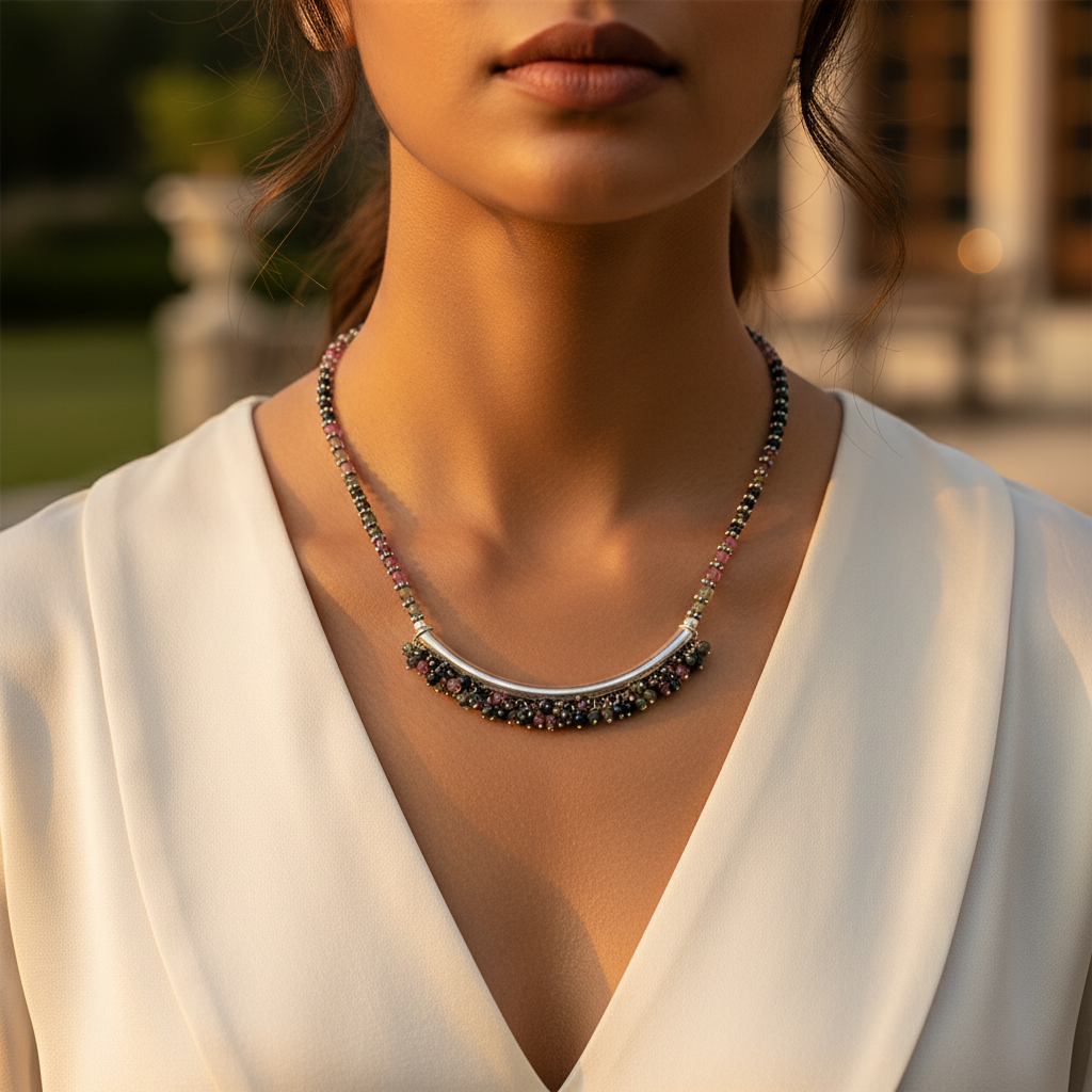 Colorful tourmaline gemstone beaded necklace with a curved 925 sterling silver bar, perfect for women