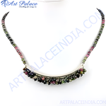 Load image into Gallery viewer, Colorful tourmaline gemstone beaded necklace with a curved 925 sterling silver bar, perfect for women.