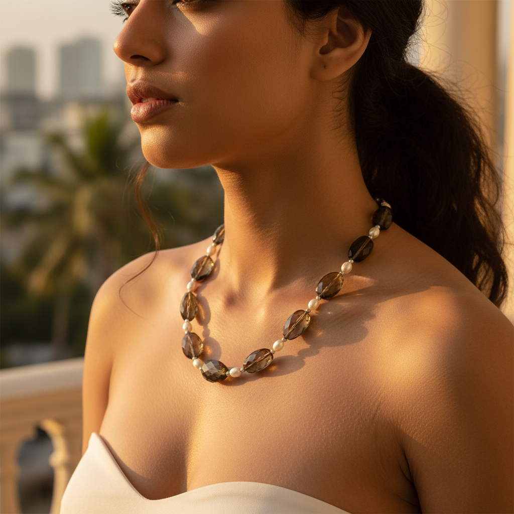 Smoky quartz and pearl beaded necklace on a white background