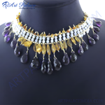 将图像加载到图库查看器中, Gemstone beaded necklace with purple and yellow stones. Fashion jewelry for women.
