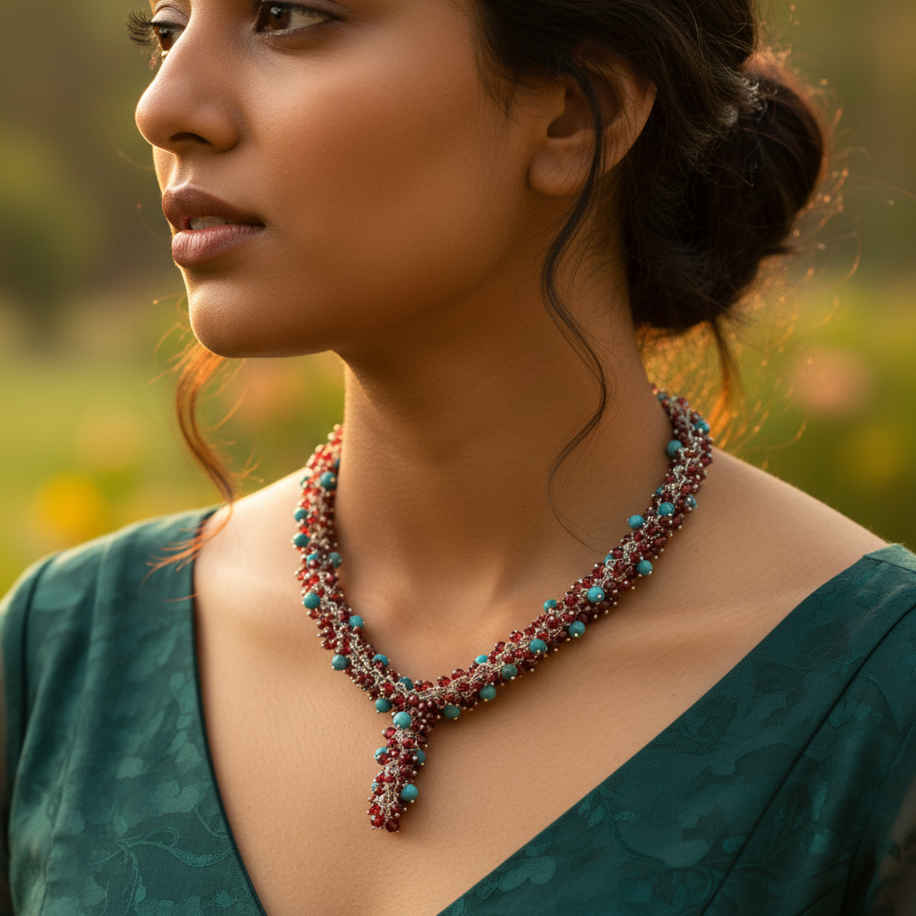 Turquoise and garnet beaded necklace with sterling silver chain on a white background