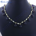 Load image into Gallery viewer, Amethyst and pearl beaded necklace with gold chain, featuring teardrop-shaped purple gemstones and white pearls.