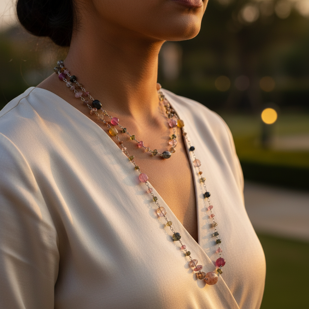 Multicolor tourmaline gemstone bead necklace strung on silver wire; a beautiful colorful necklace