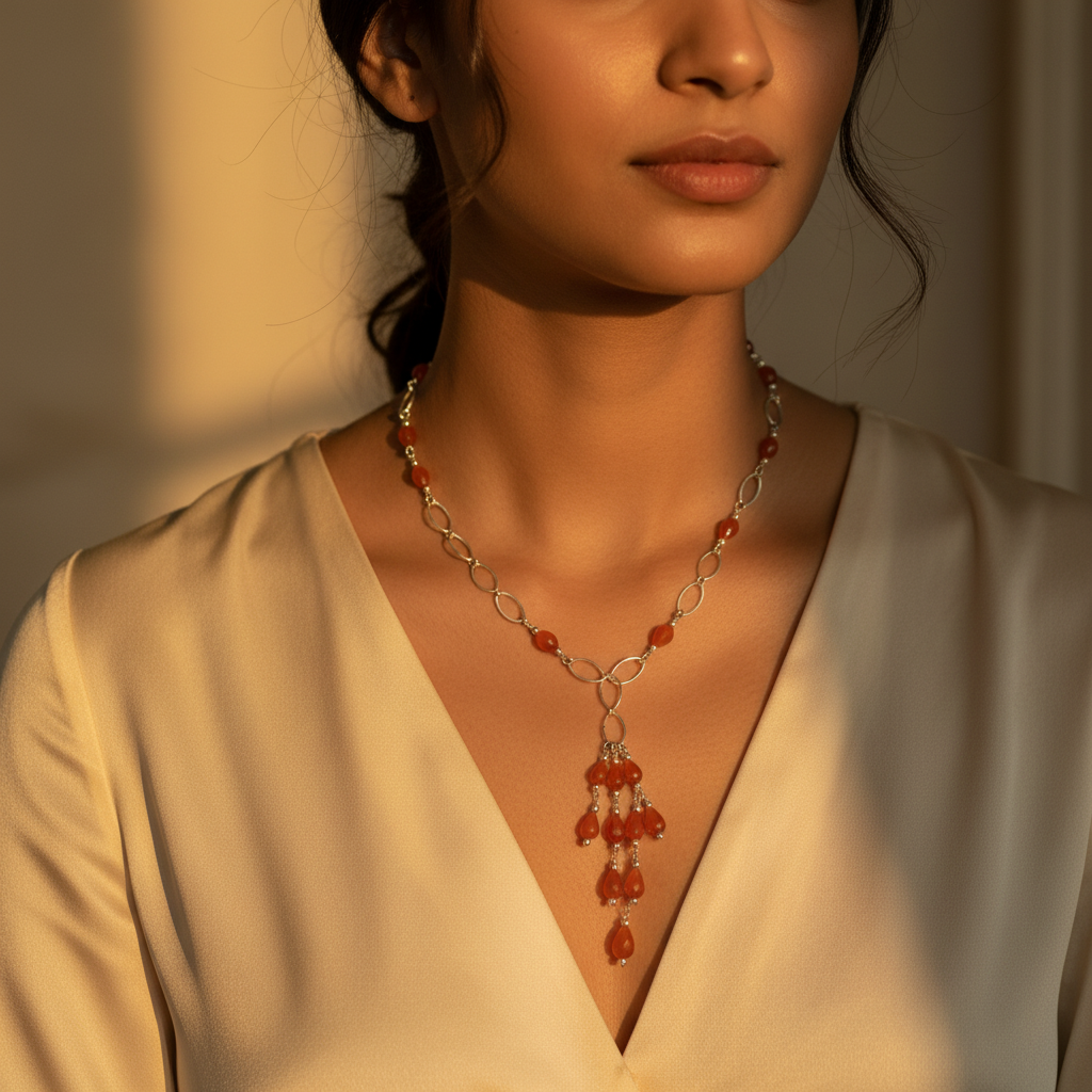 Silver orange gemstone beaded necklace | women's jewelry gift