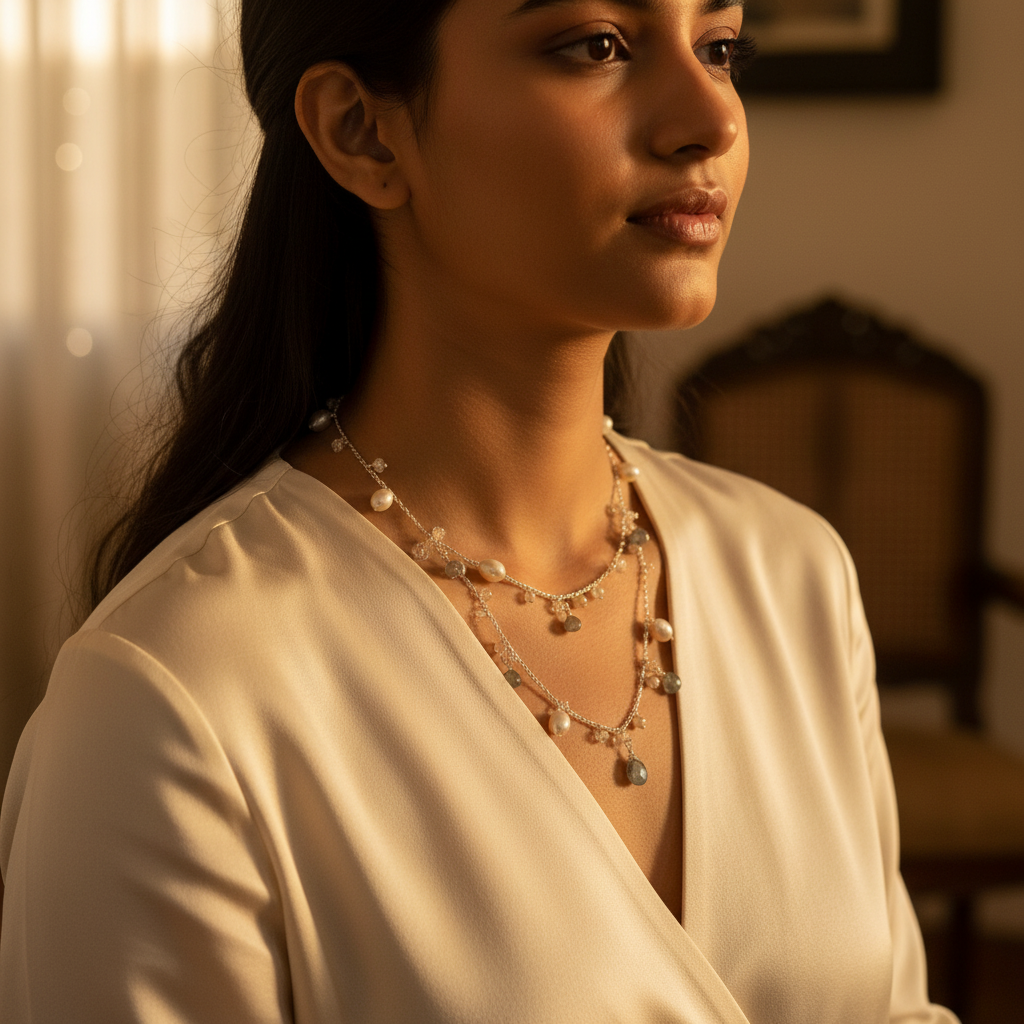 Silver pearl labradorite necklace for women | daily wear