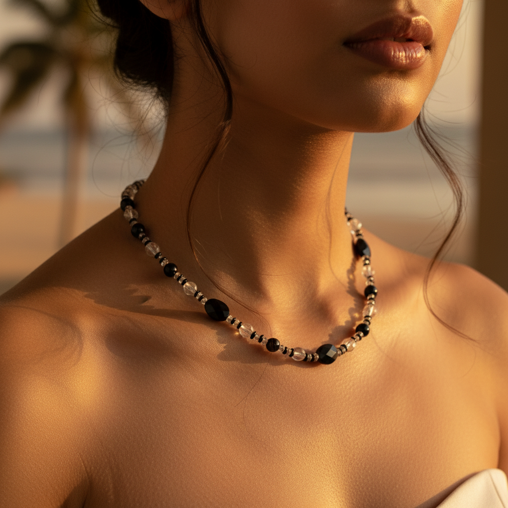 Black onyx & crystal bead necklace | women's long necklace