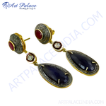 Load image into Gallery viewer, Gold-plated drop earrings featuring sapphire and ruby gemstones, perfect for any occasion.