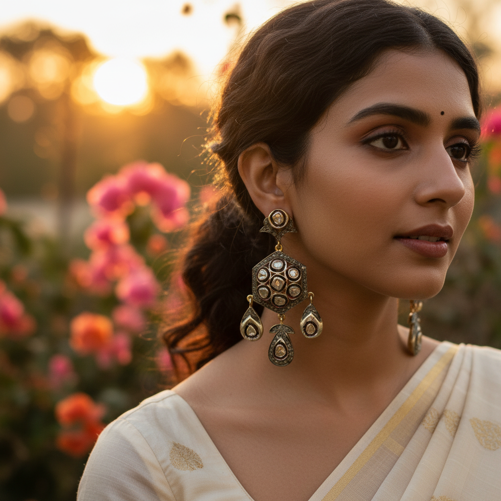 Vintage gold plating plated diamond dangle earrings with intricate design and detailed diamond clusters