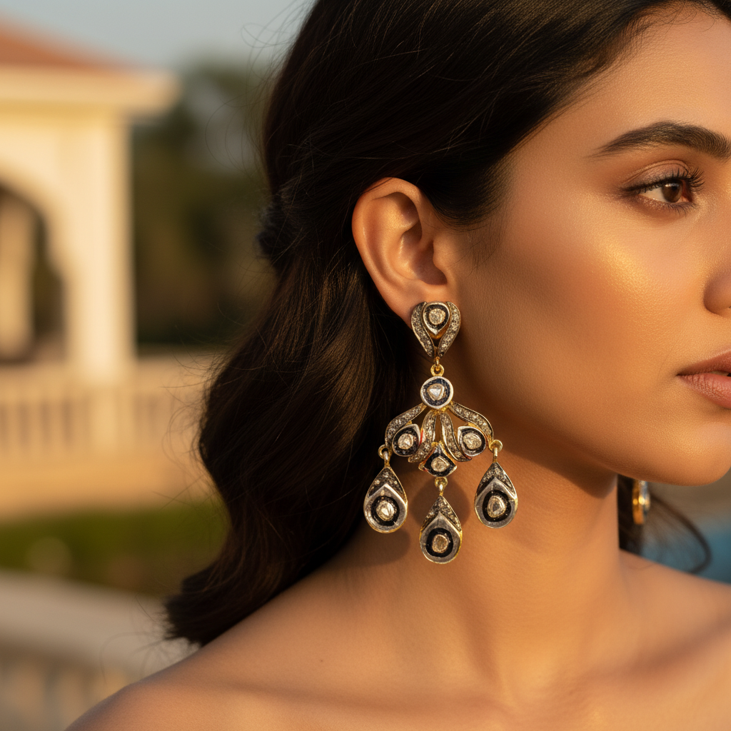 Vintage gold plating chandelier earrings with diamonds, featuring intricate detailing and a dangle design
