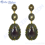 Load image into Gallery viewer, Vintage style ruby and emerald dangle earrings, featuring dark red ruby and green emerald gemstones
