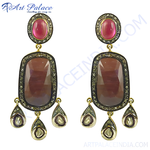 Load image into Gallery viewer, Gold finish ruby and diamond dangle earrings for women. Featuring red ruby gemstones and sparkling diamonds.