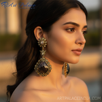 Load image into Gallery viewer, Gold Black Stone Dangle Earrings | Statement Jewelry