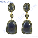 Load image into Gallery viewer, Gold drop earrings featuring large blue sapphires with diamond accents. Elegant gemstone jewelry.