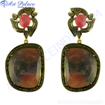 Load image into Gallery viewer, Gold plated dangle earrings with ruby gemstones and diamond accents, for women