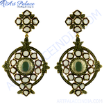 Load image into Gallery viewer, Gold dangle earrings with central emerald stone and surrounding white stones, perfect for special occasions
