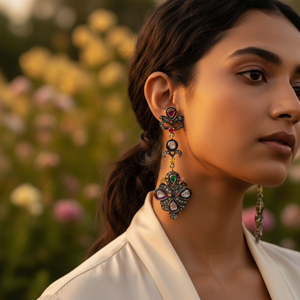 Vintage dangle earrings with ruby, emerald, and diamond gemstones in an intricate design