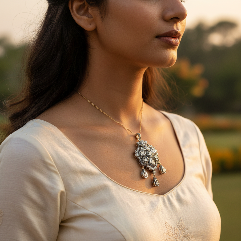 Vintage style diamond pendant featuring a flower like design with teardrop dangles, crafted in a silver tone metal