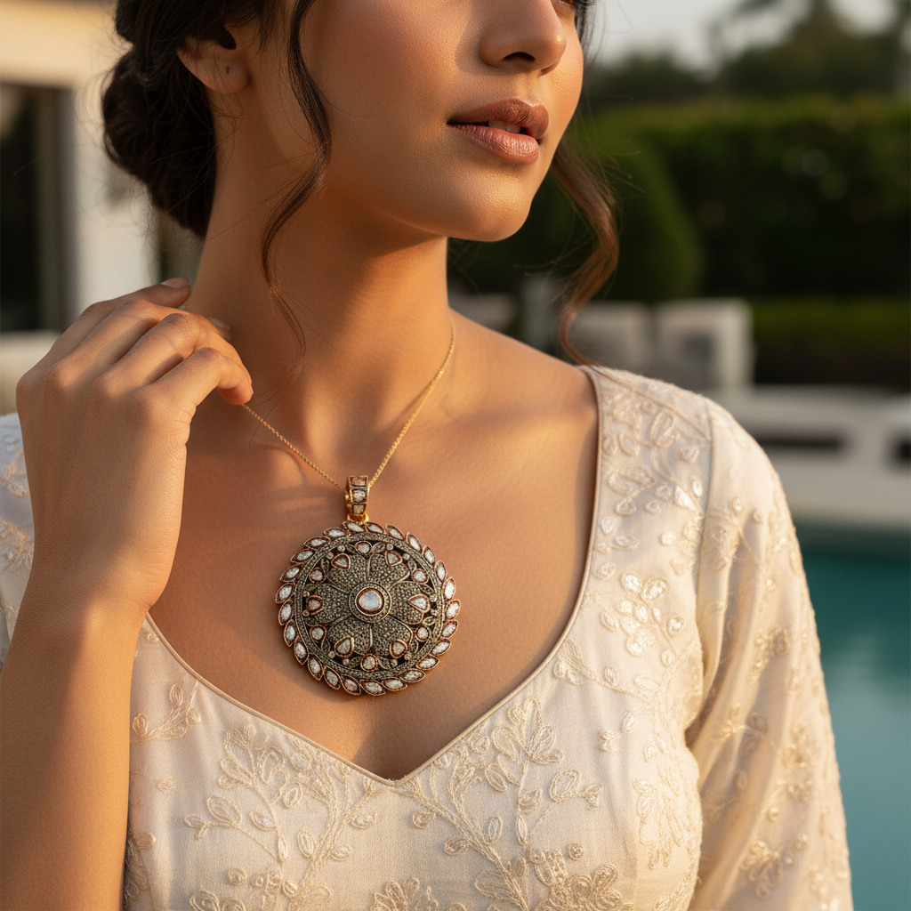 Silver filigree pendant with gemstones, vintage style necklace, oxidized silver finish, unique jewelry gift