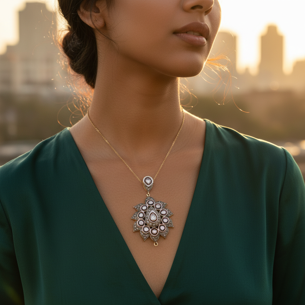 Vintage style diamond floral pendant with detailed design and gemstone accents